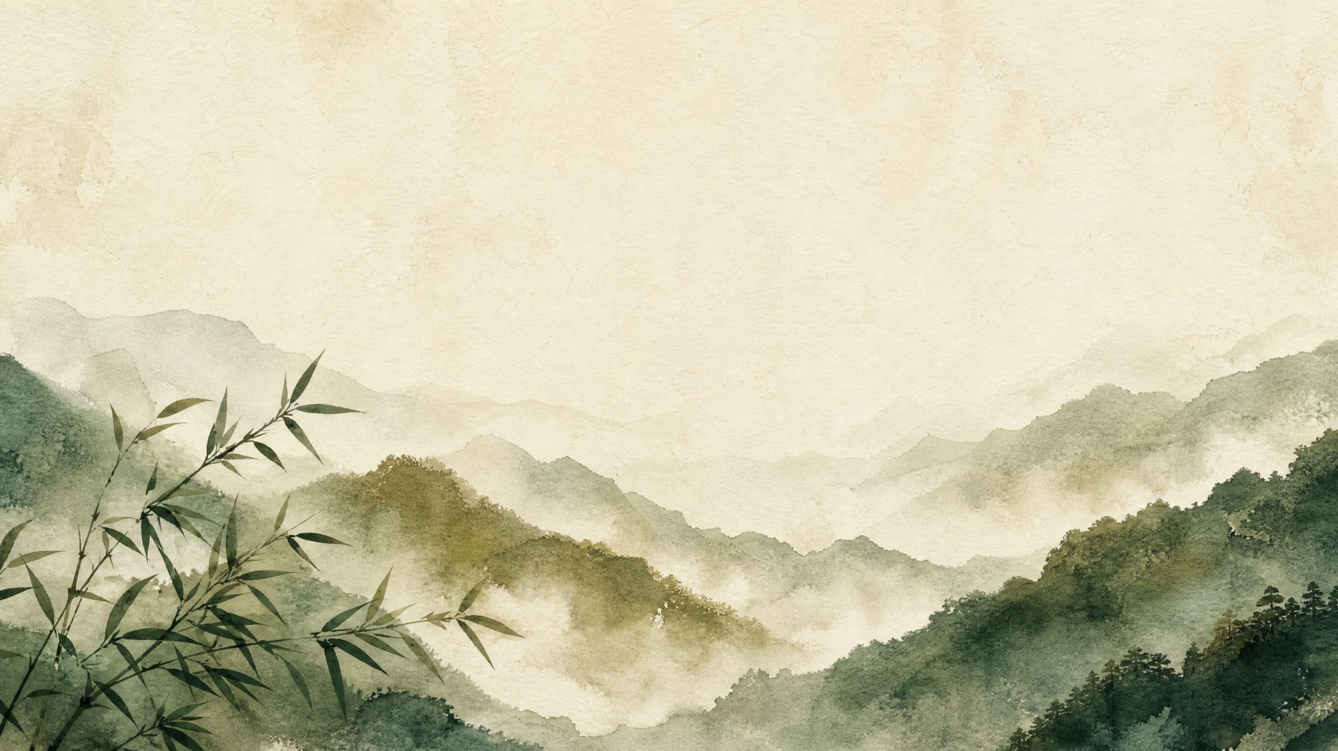 Watercolor mountain landscape with bamboo